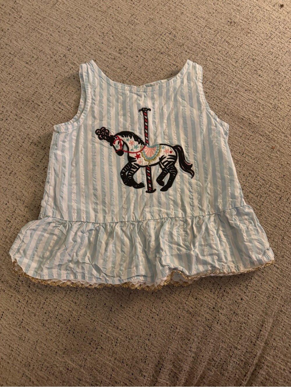 Striped Blue Carousel Horse Ruffle Tank Top for Kids
